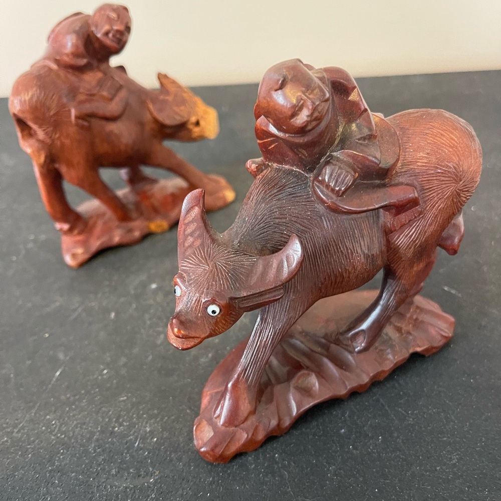 2 Hand Carved Water Buffalo Ox Bull Figurines Sculptures Boy Chinese Asian VTG